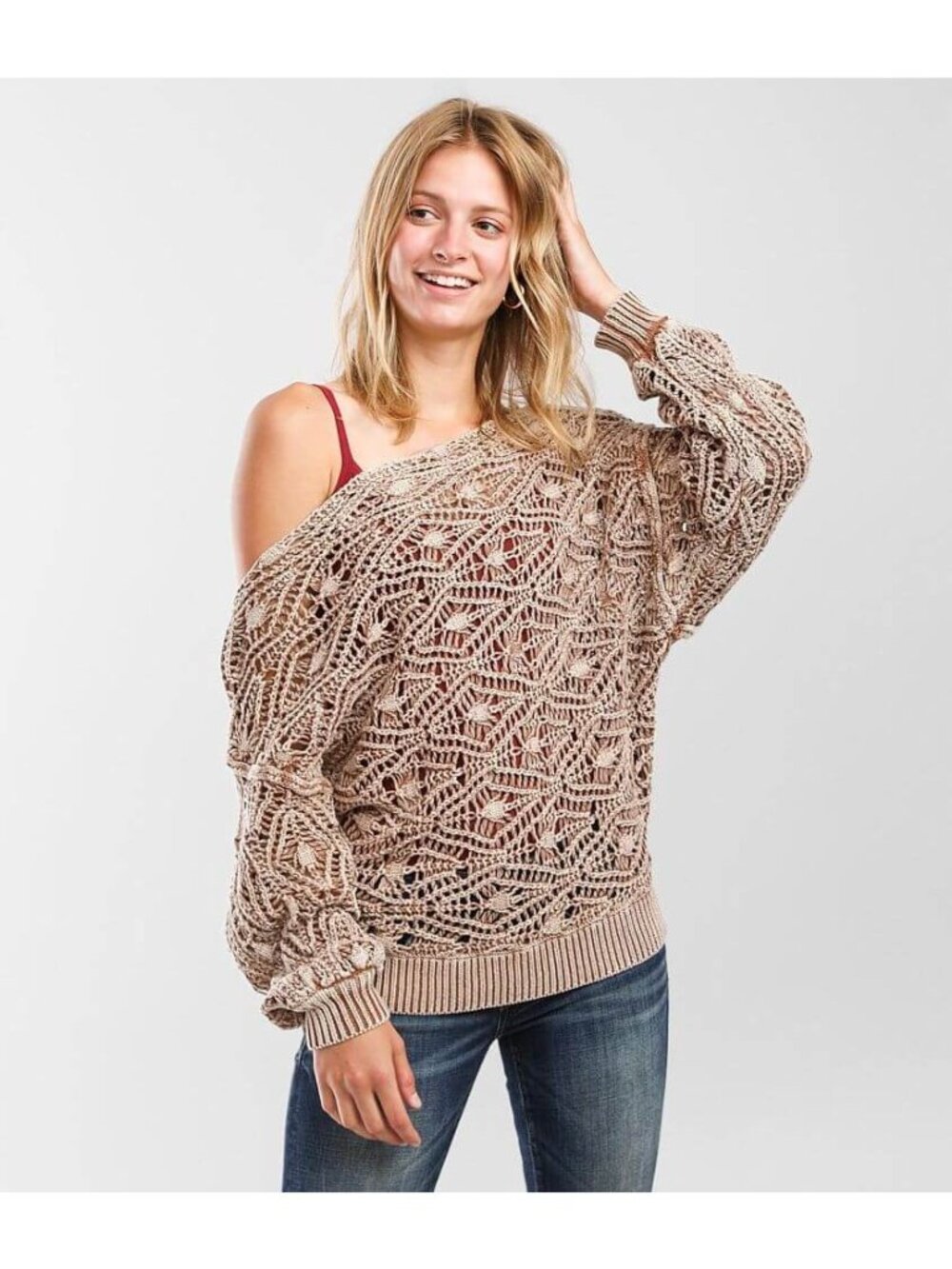BKE Buckle Womens Brown Boho Off The Shoulder Open Knit Asymmetrical Sweater Med